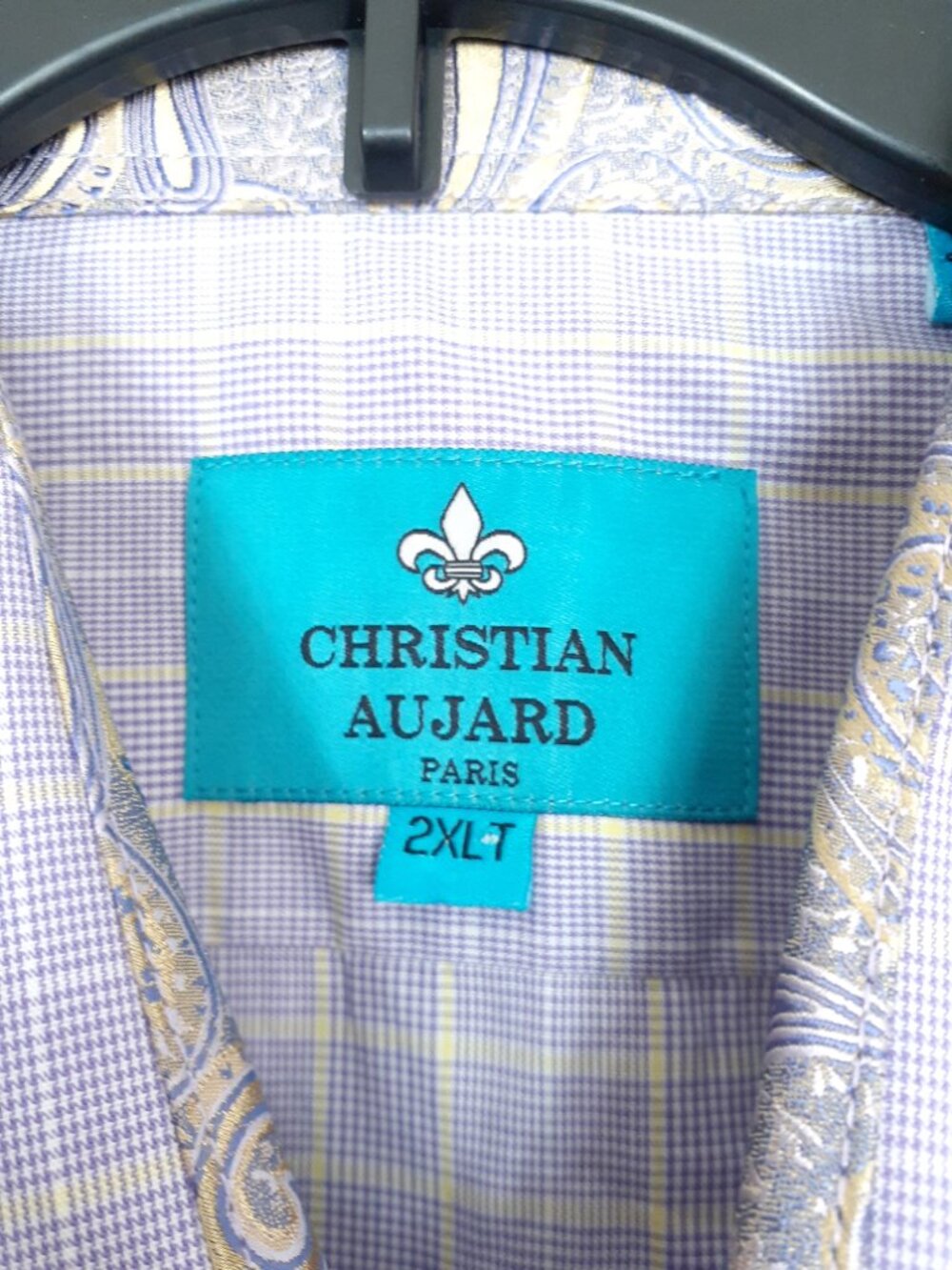 Christian Aujard Mens Button Up Dress Shirt 2XLT Purple Yellow Check 786A - Picture 3 of 5
